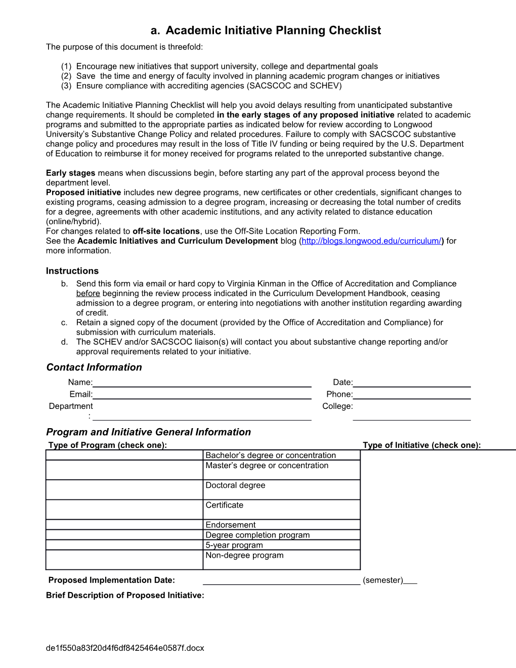 Academic Initiative Planning Checklist (2016), Page 1 of 2