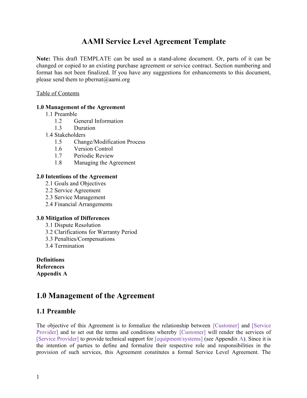 AAMI Service Level Agreement Template