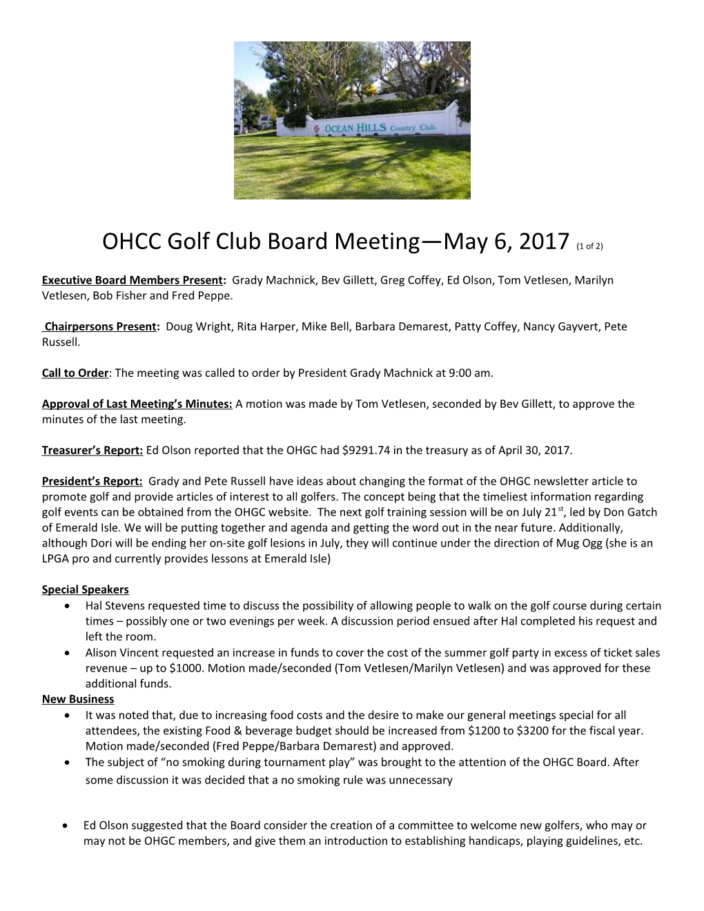 OHCC Golf Club Board Meeting May 6, 2017(1 of 2)