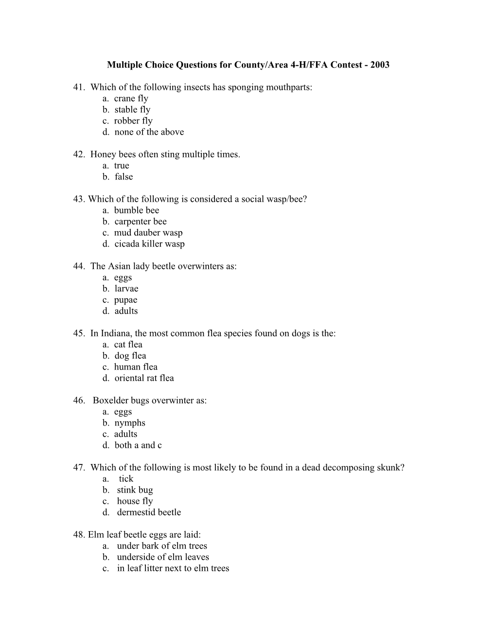Multiple Choice Questions for County/Area 4-H/FFA Contest - 1998