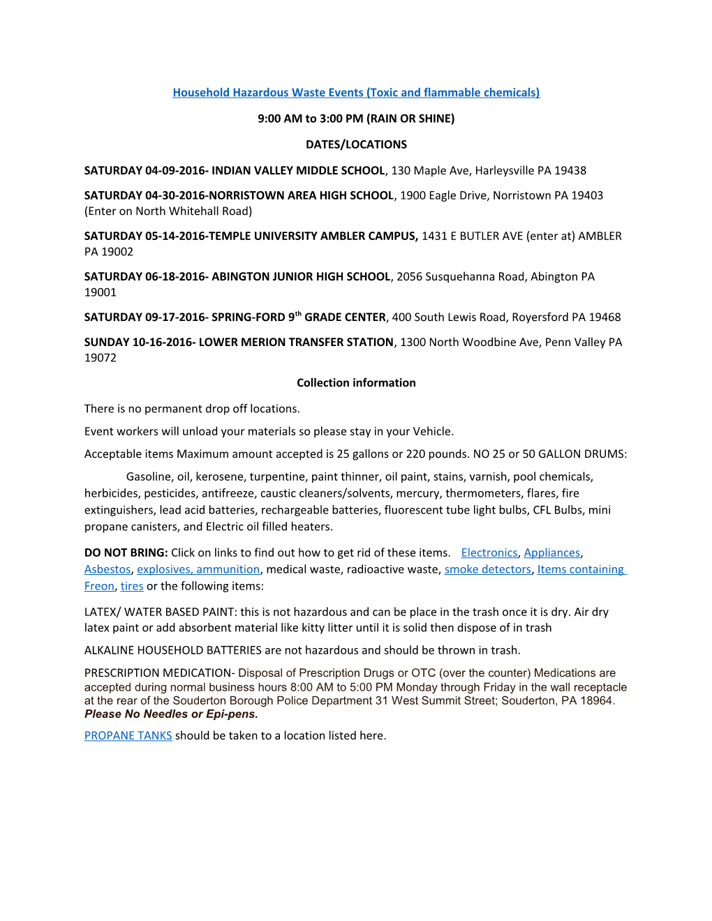 Household Hazardous Waste Events(Toxic and Flammable Chemicals)