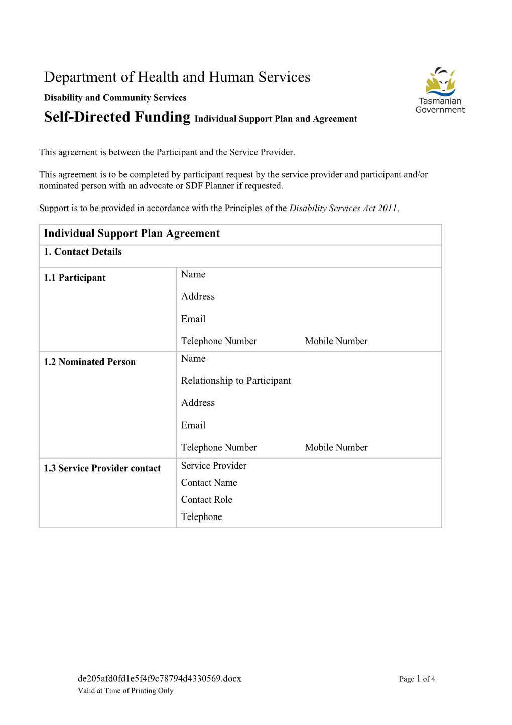 Self-Directed Funding Individual Support Plan and Agreement Form