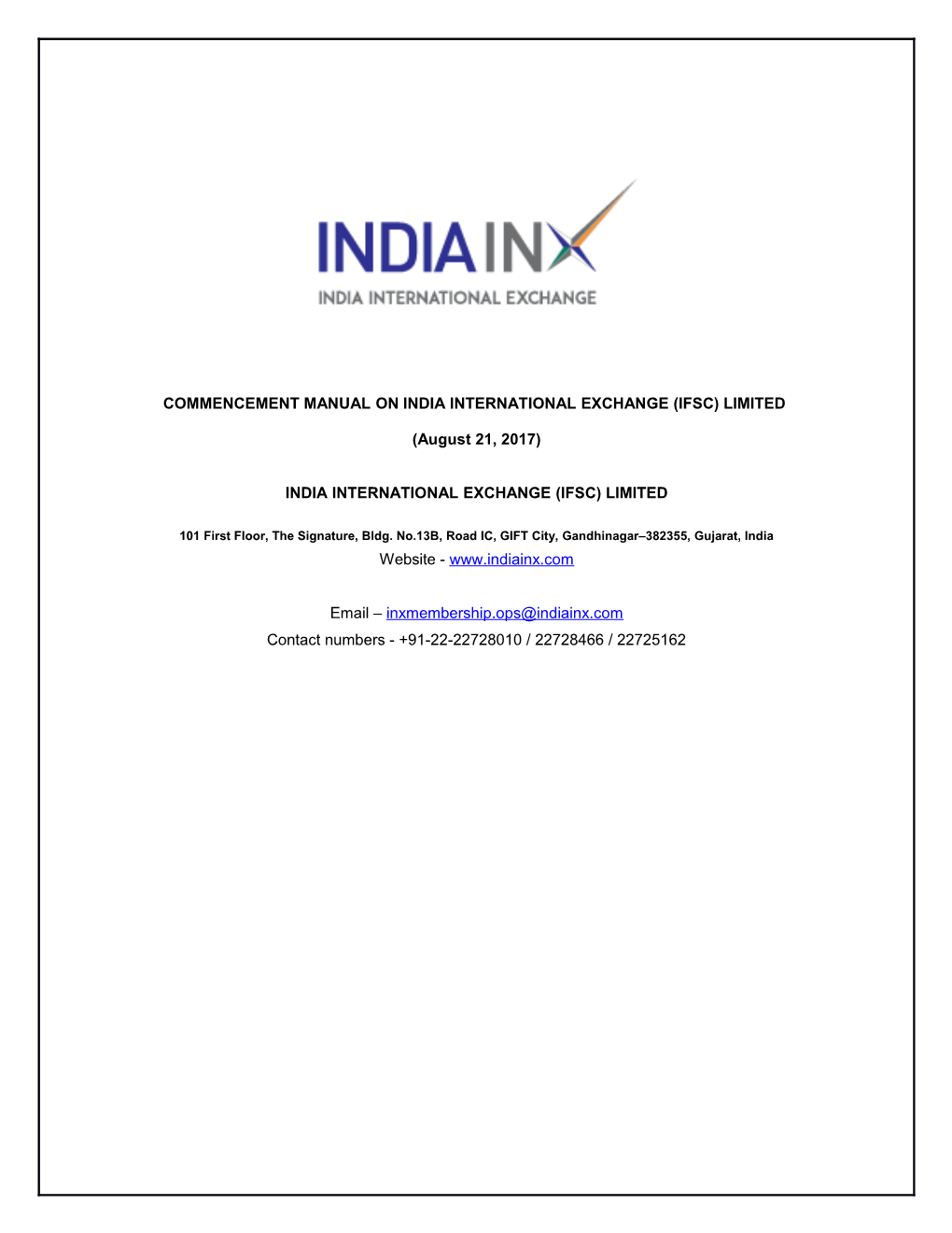 Commencement Manual on India International Exchange (Ifsc) Limited