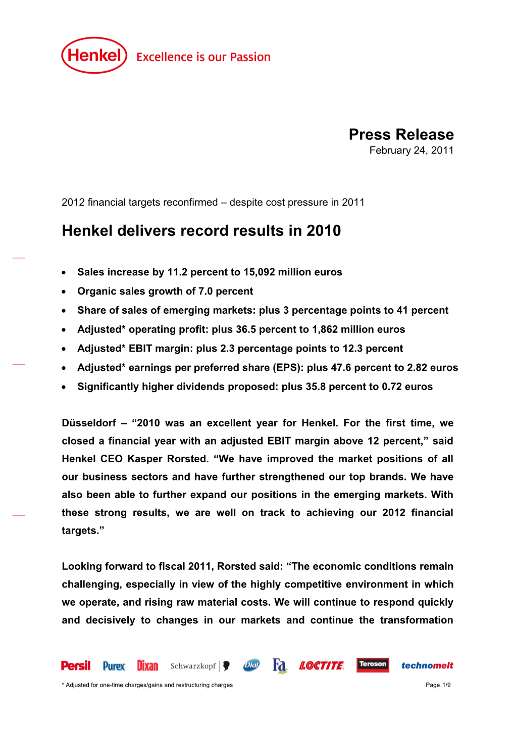 Henkel Delivers Record Results in 2010