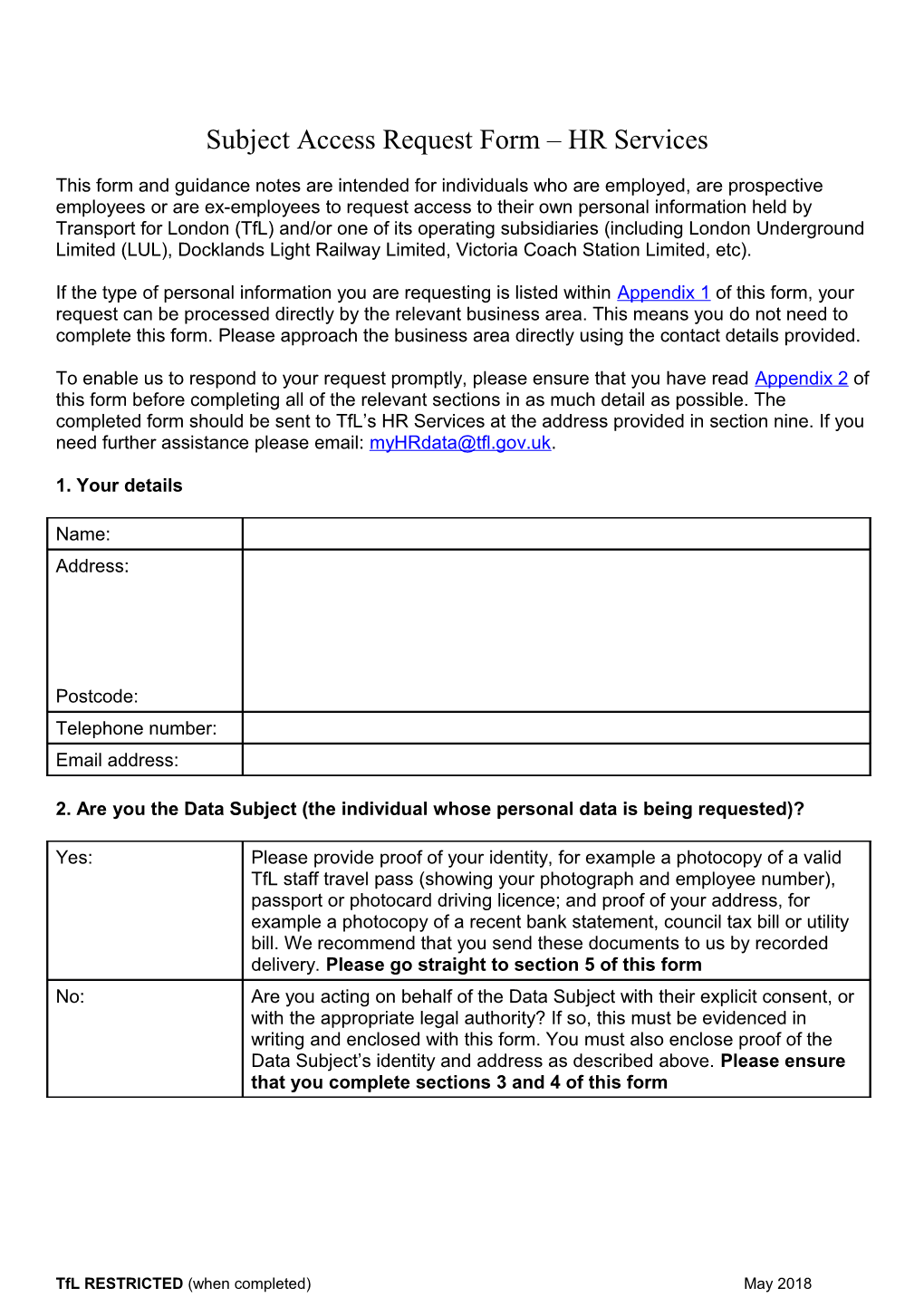 HR Subject Access Request Form