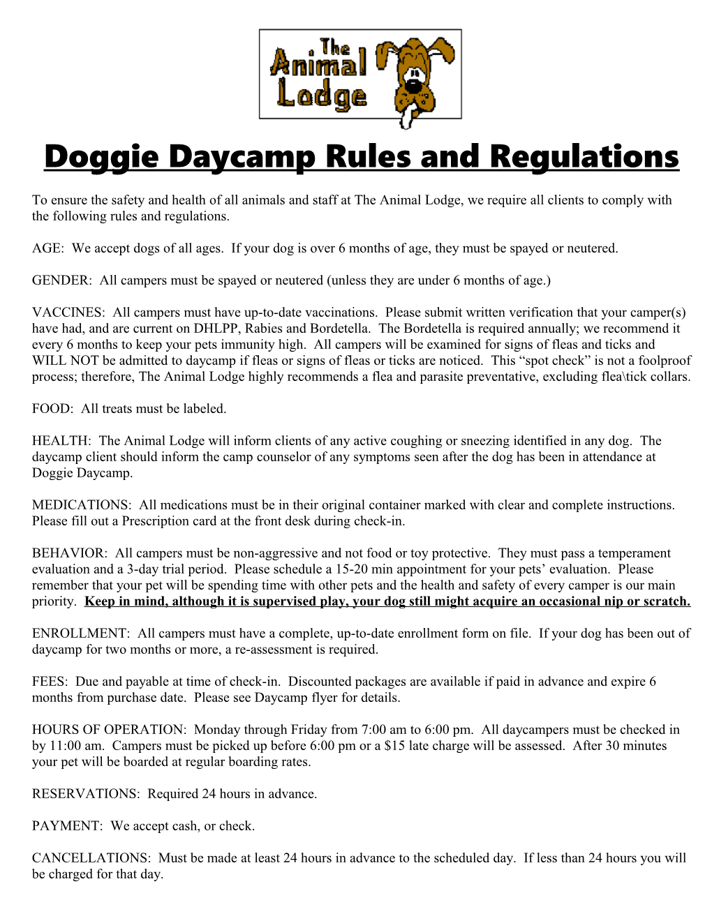 Doggie Daycamp Rules and Regulations