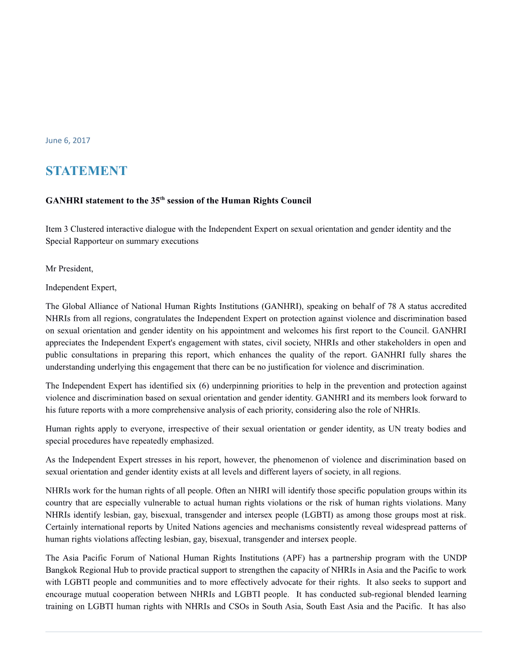 GANHRI Statement to the 35Th Session of the Human Rights Council