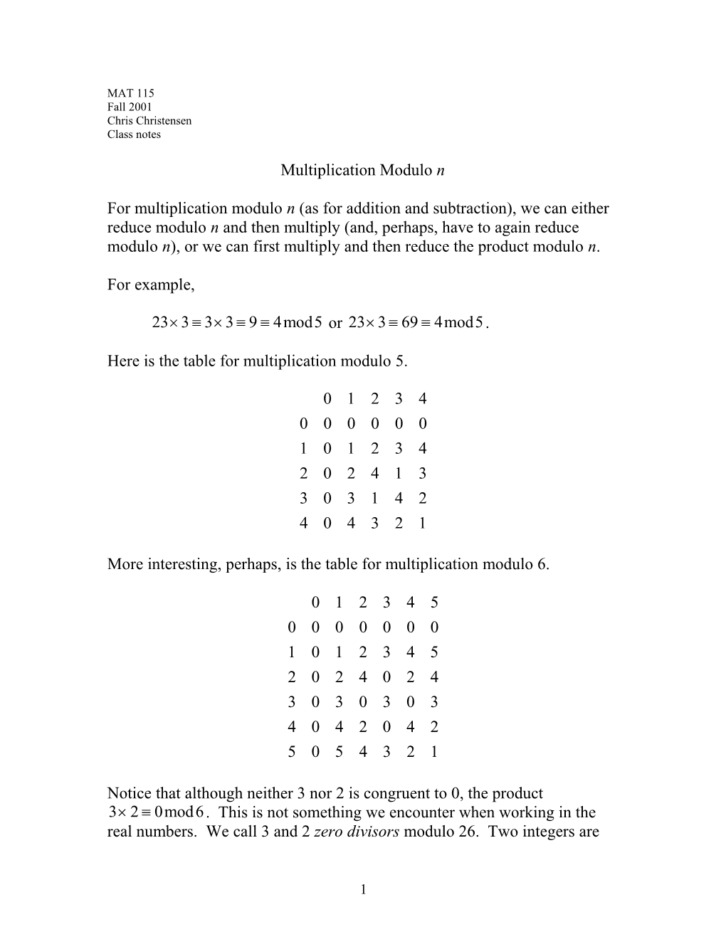 Here Is the Table for Multiplication Modulo 5