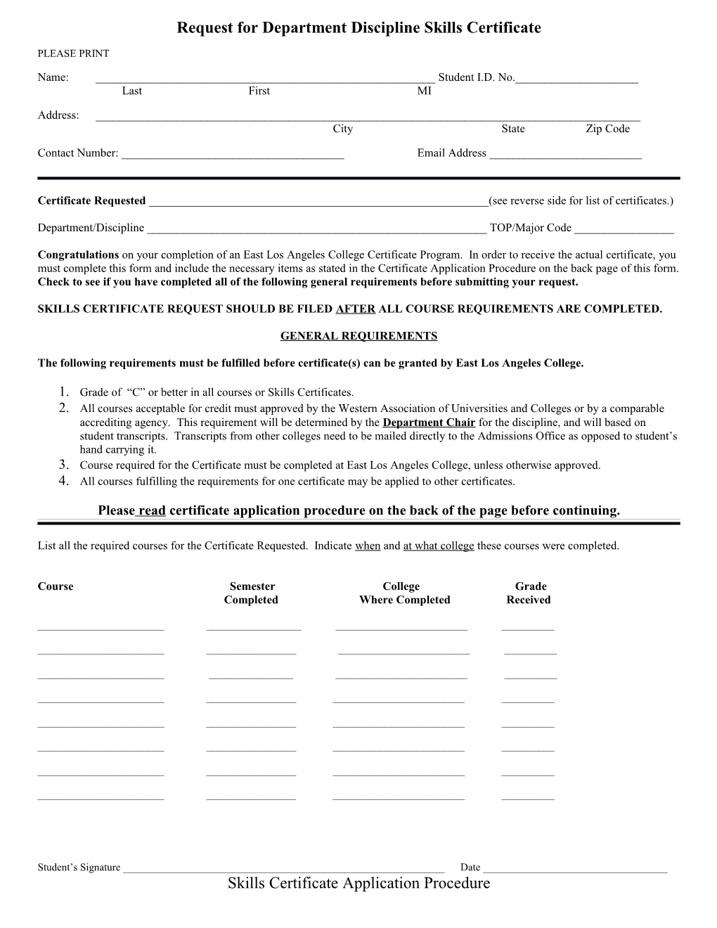Request for Department Certificate of Completion