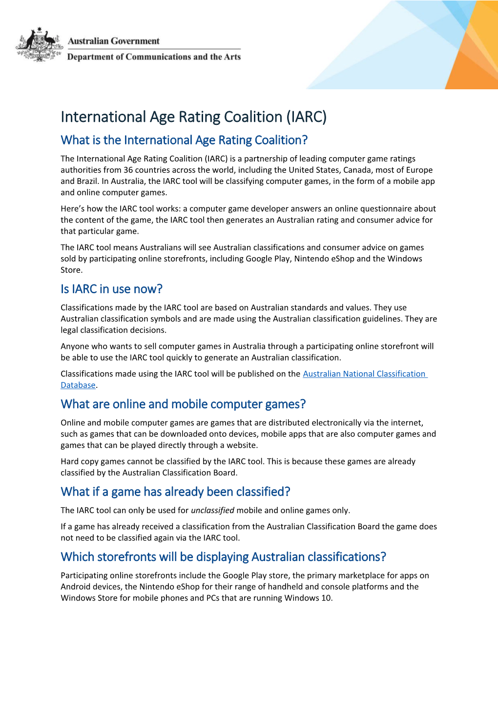 Fact Sheet International Age Rating Coalition (IARC)
