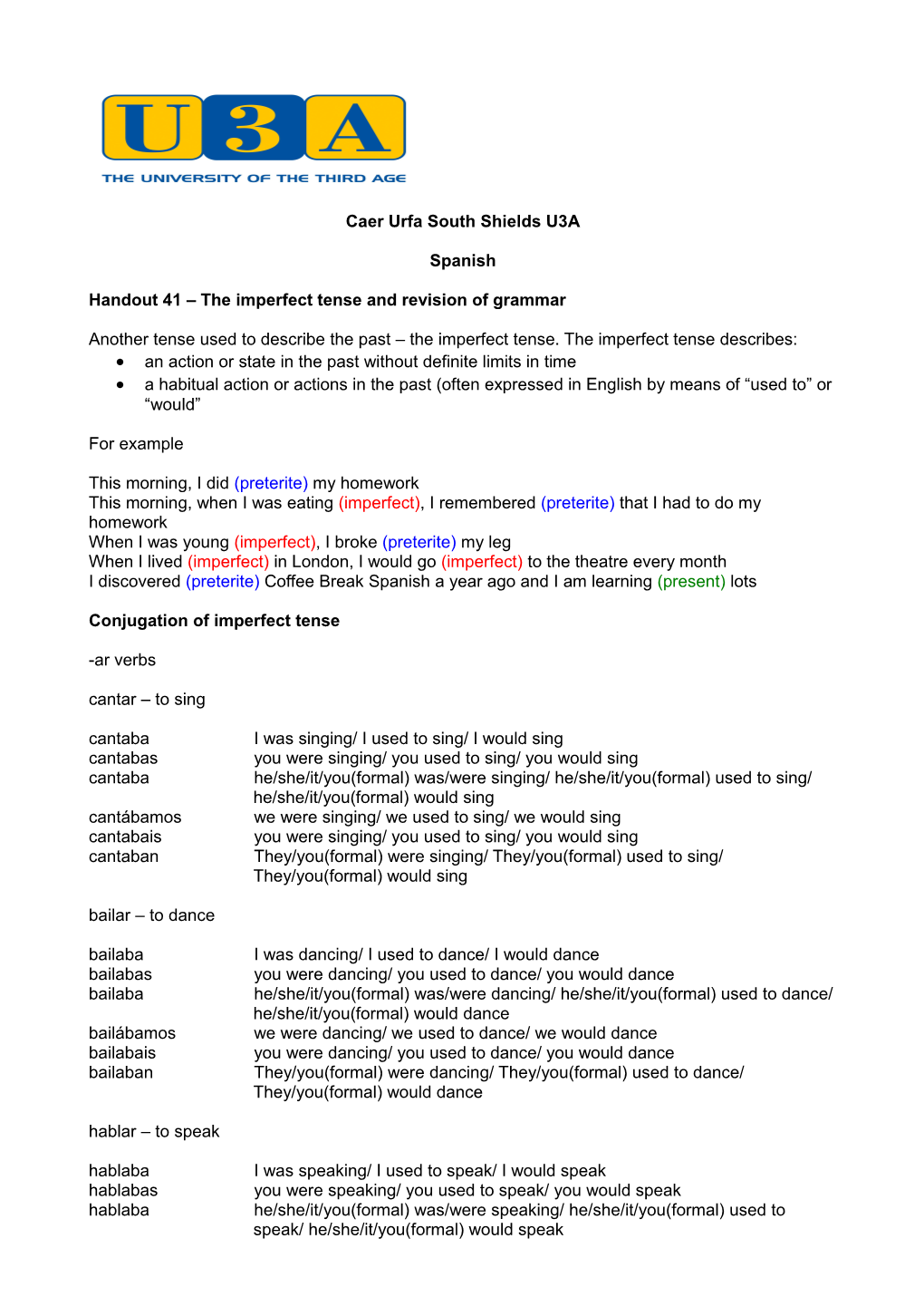 Handout 41 the Imperfect Tense and Revision of Grammar