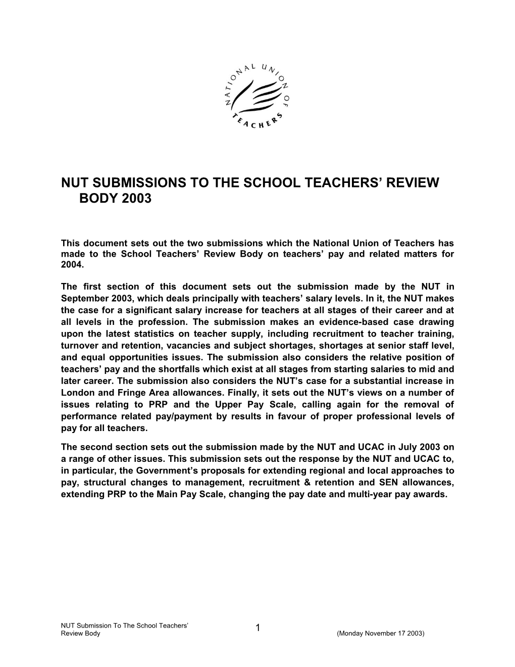 Nut Submissions to the School Teachers Review Body