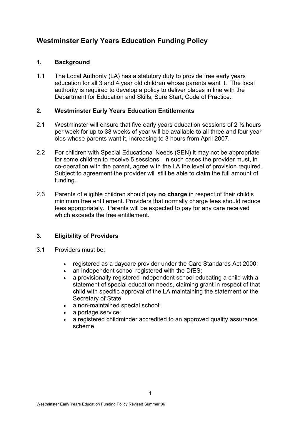 Westminster Early Years Education Funding Policy