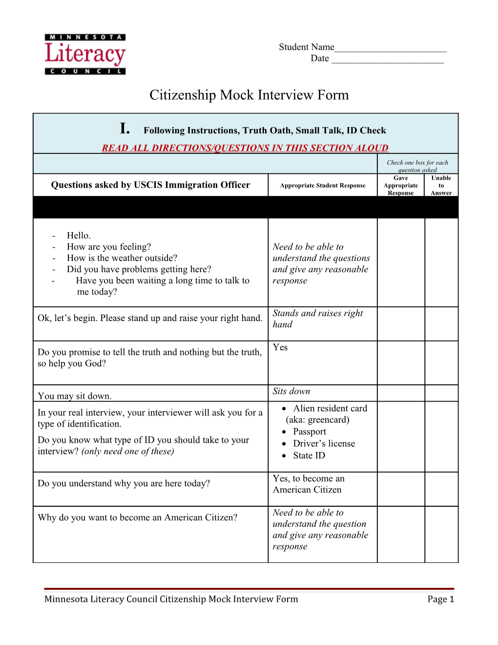 Citizenship Mock Interview Form