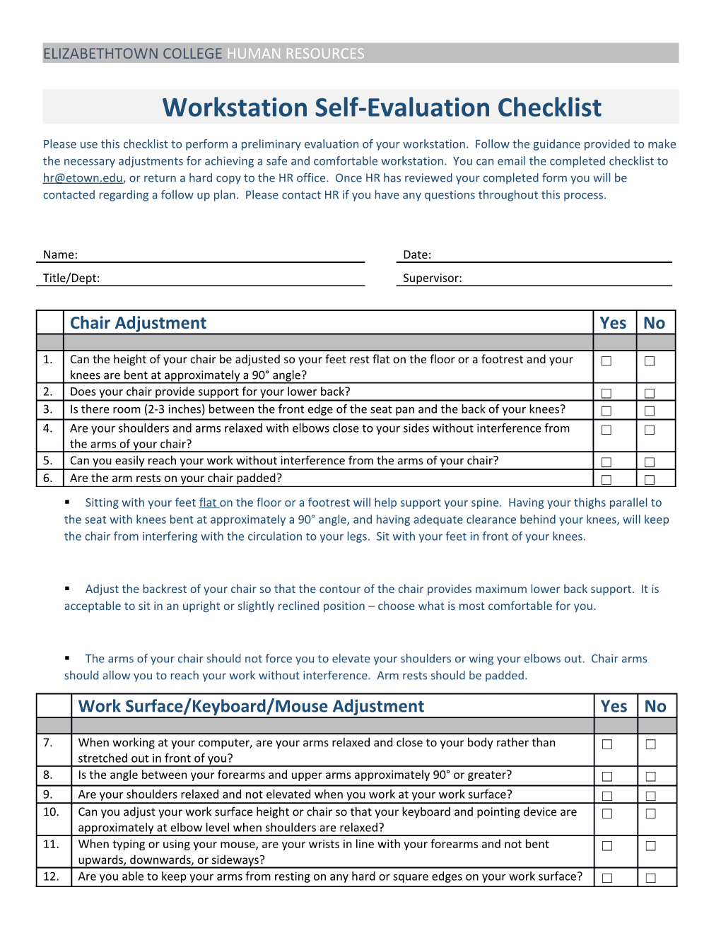 Workstation Self-Evaluation Checklist
