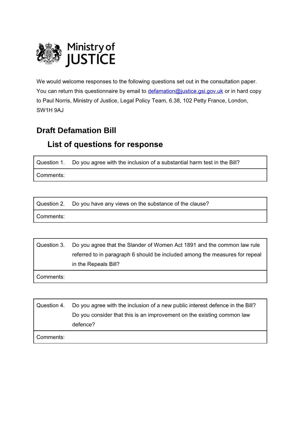 Draft Defamation Billlist of Questions for Response