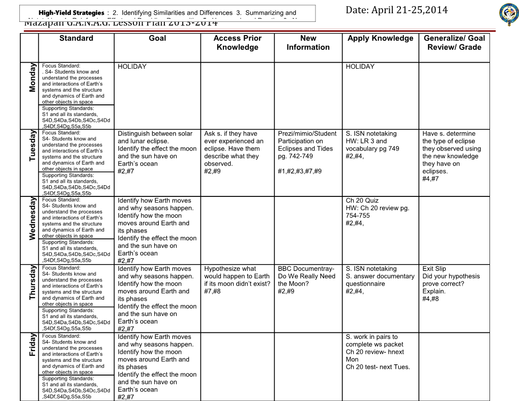 Teacher: E. Vásquezsubject: Earth Science Date: April 21-25,2014