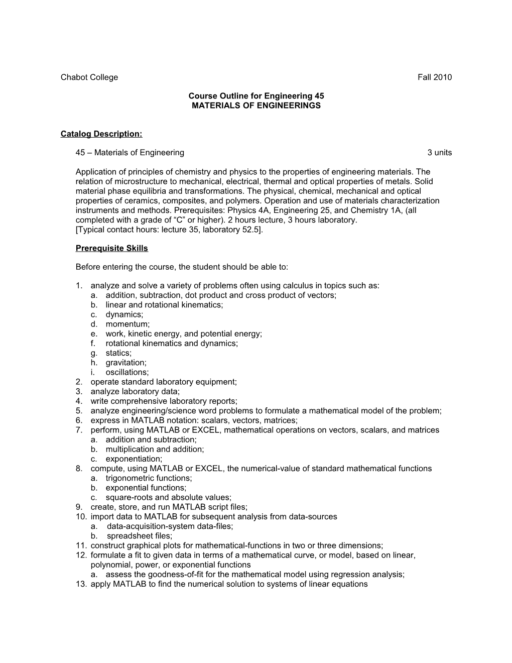 Course Outline for Engineering 45, Page 1