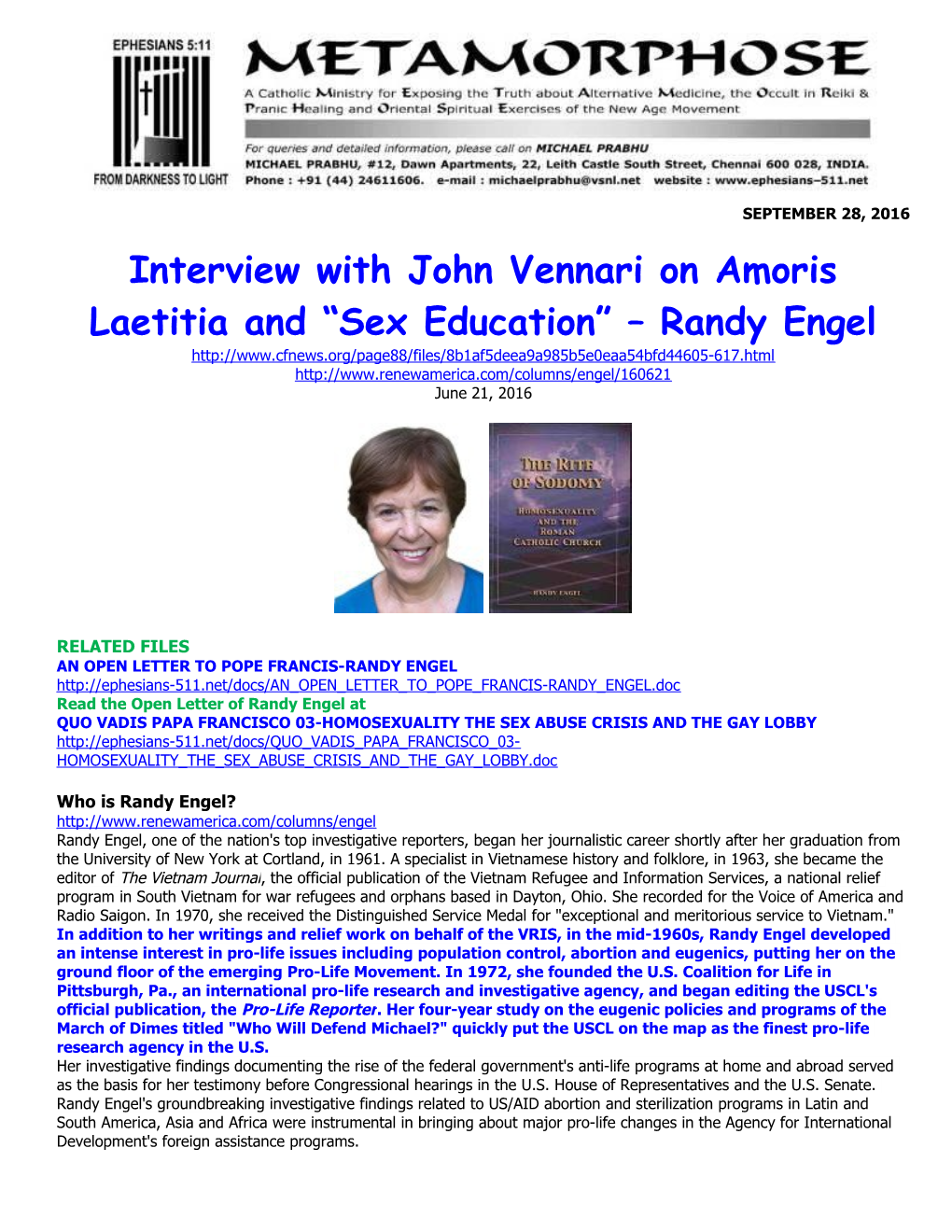 Interview with John Vennari on Amoris Laetitia and Sex Education Randy Engel