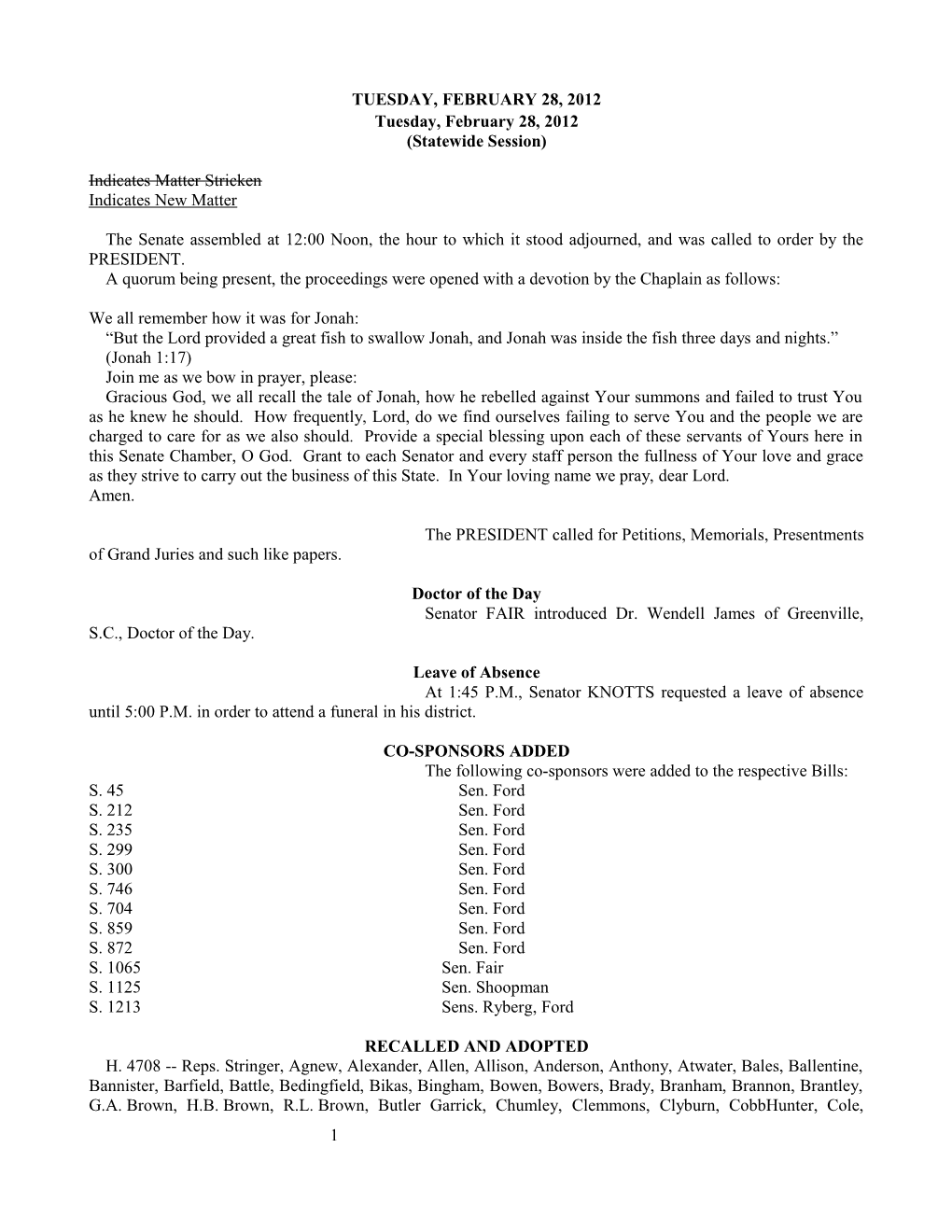 Senate Journal for Feb. 28, 2012 - South Carolina Legislature Online