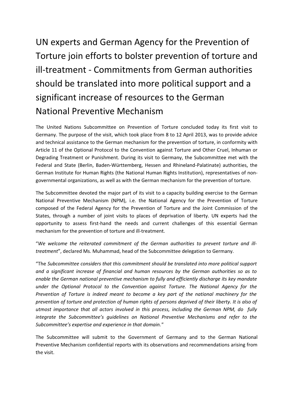 UN Experts and German Agency for the Prevention of Torture Join Efforts to Bolster Prevention