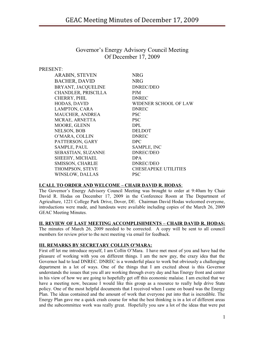 GEAC Meeting Minutes of December 17, 2009