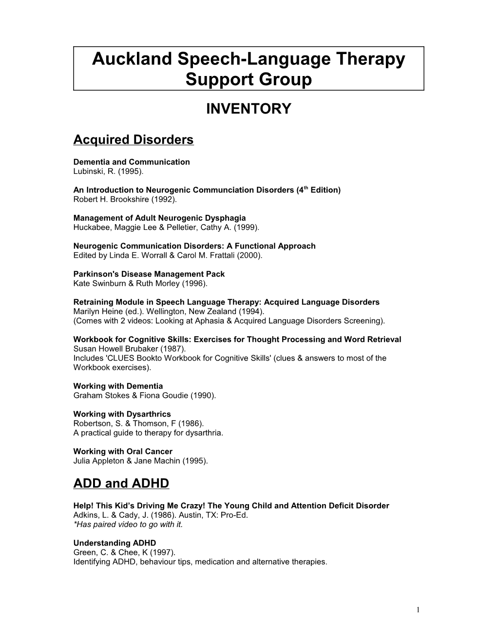 Inventory of Speech Language Therapy Support Group Resource Room Resources