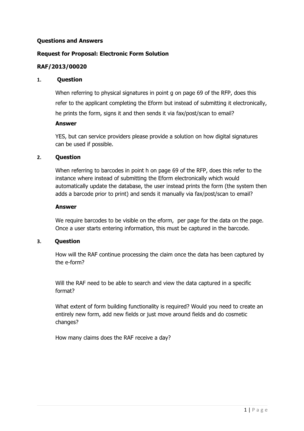 Questions and Answers EFORM PROPOSAL RAF201300020 Website