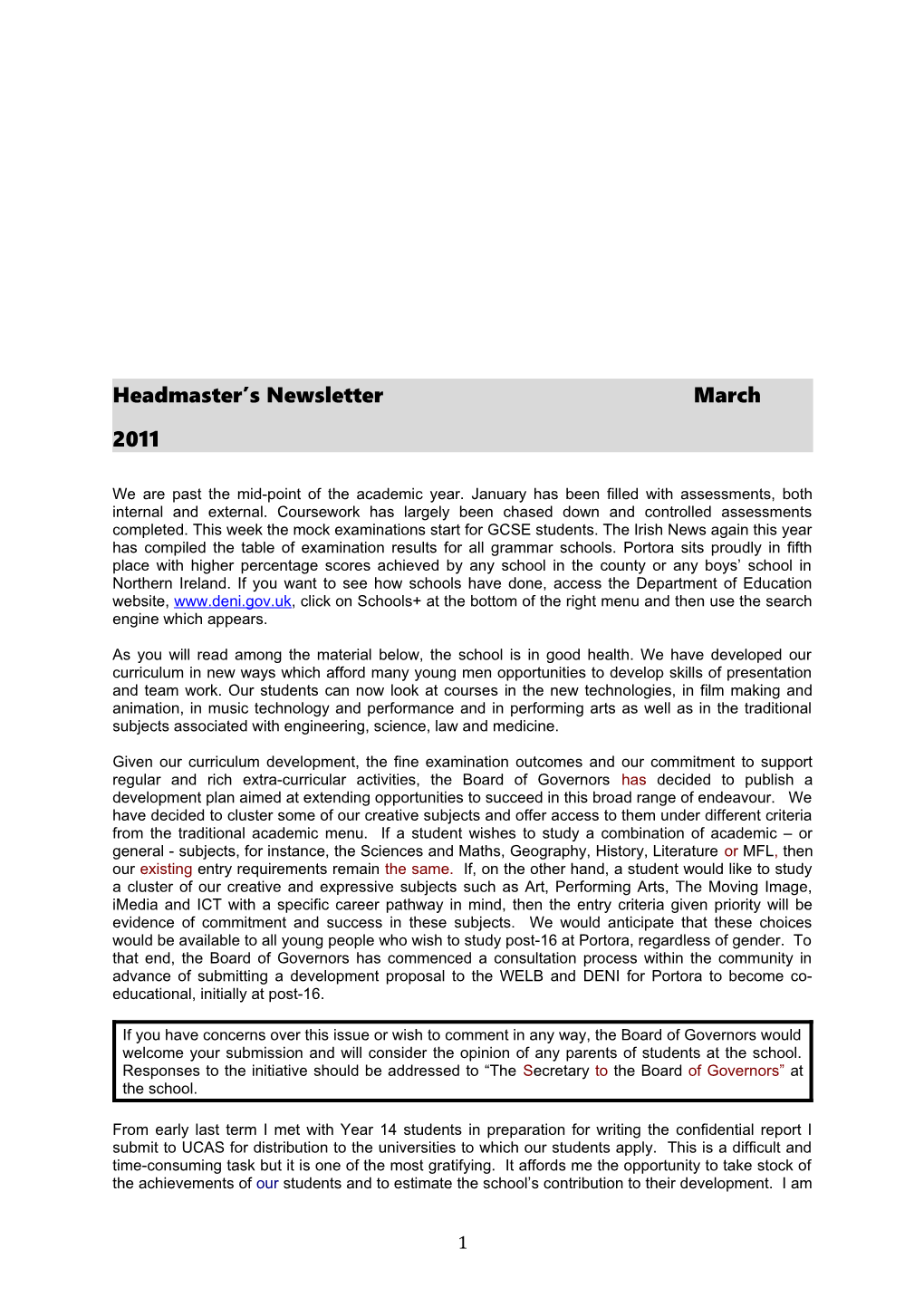 Headmaster S Newsletter March 2011