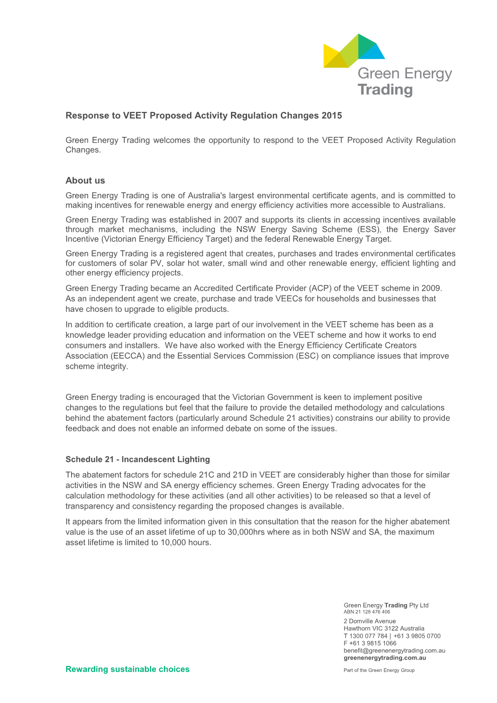 Response to VEET Proposed Activity Regulation Changes 2015