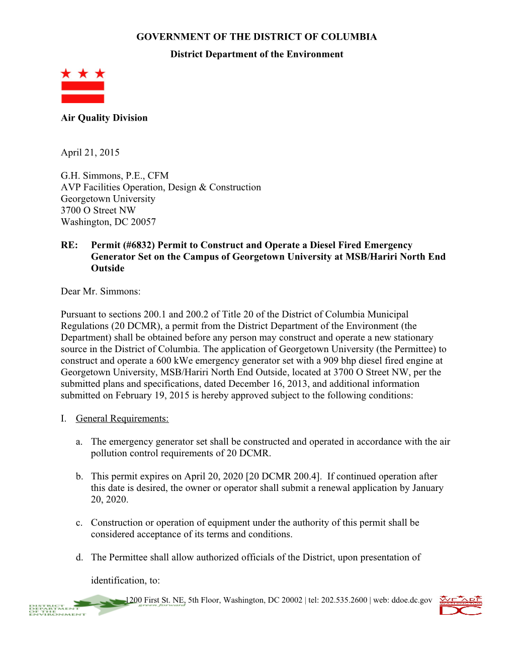 Permit (#6832) to Construct and Operate a Diesel Fired Emergency Generator