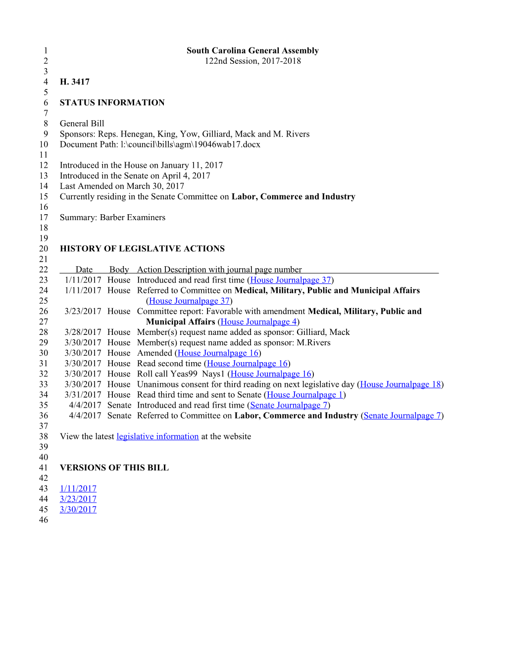 2017-2018 Bill 3417: Barber Examiners - South Carolina Legislature Online