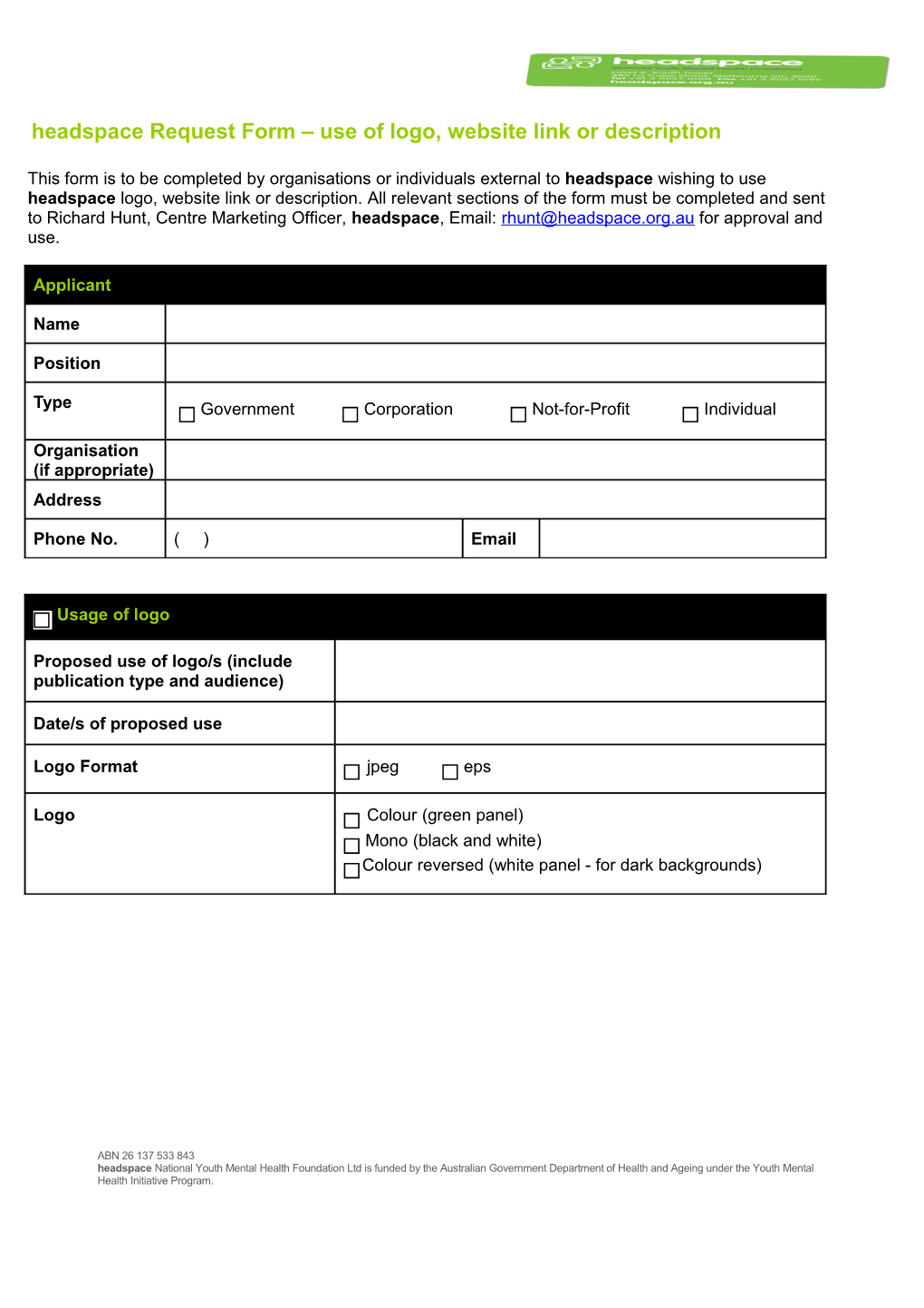 Headspace Request Form Use of Logo, Website Link Or Description