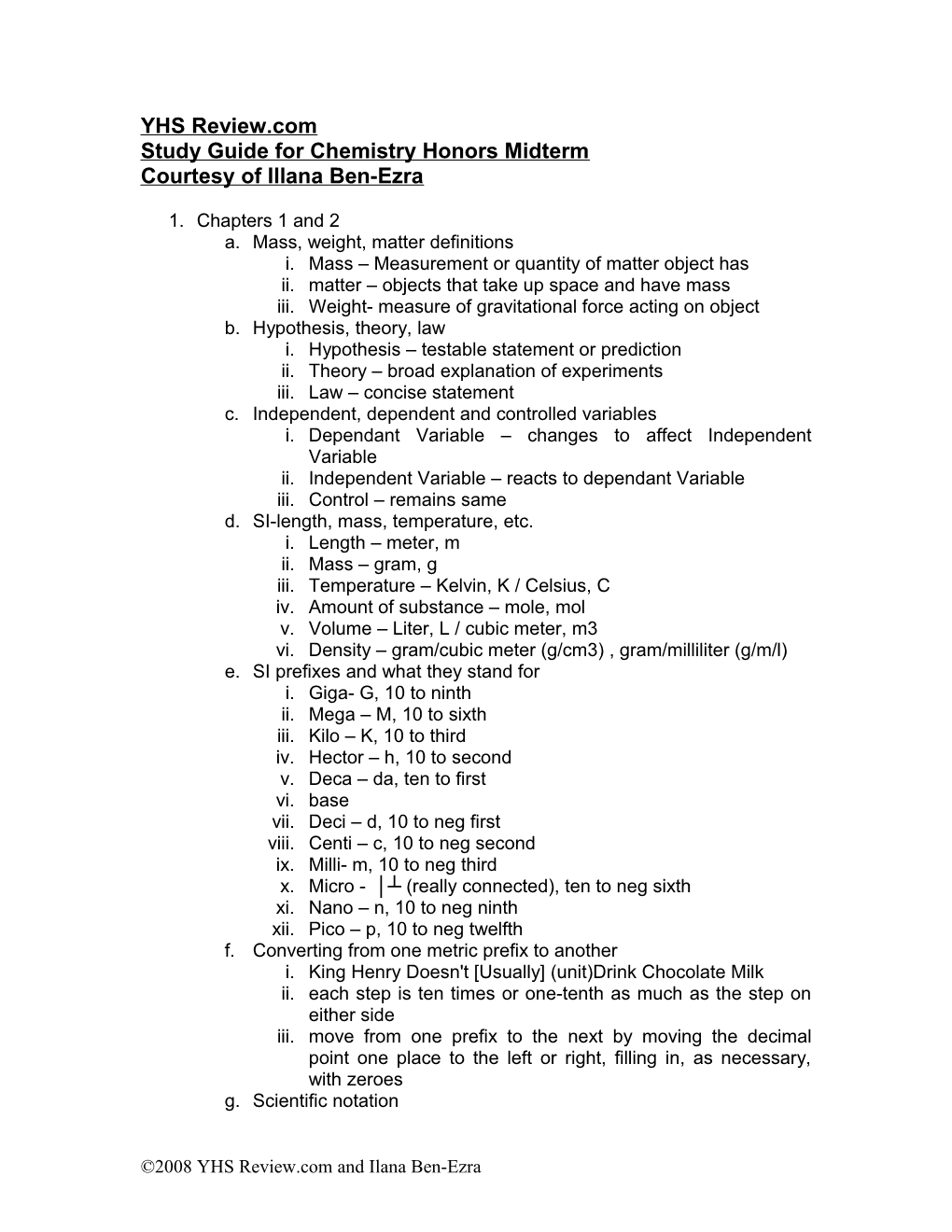 Study Guide for Chemistry Honors Midterm