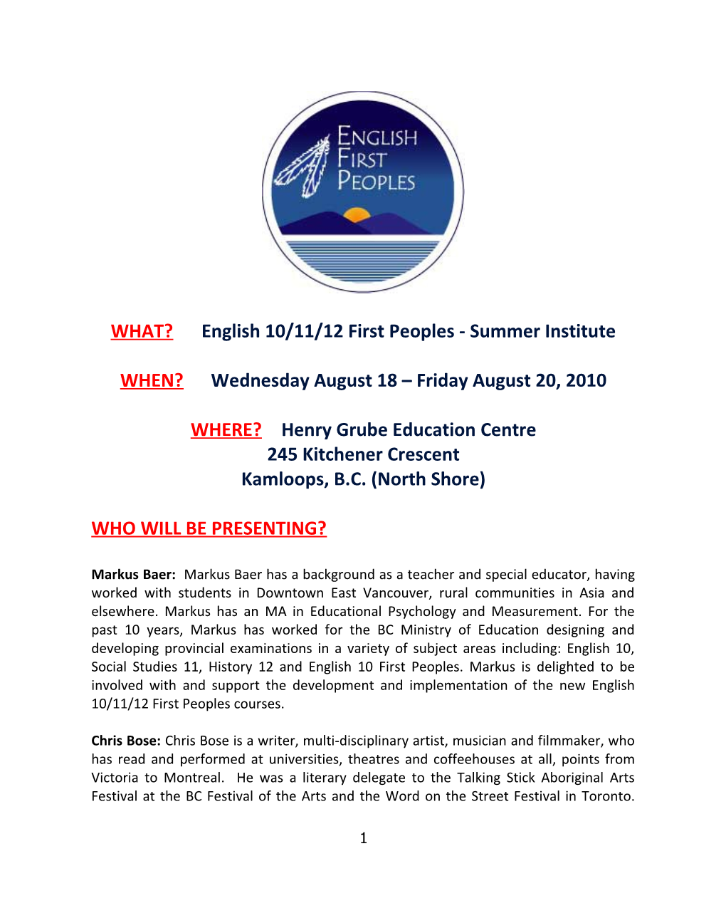 English 12 First Peoples Summer Institute