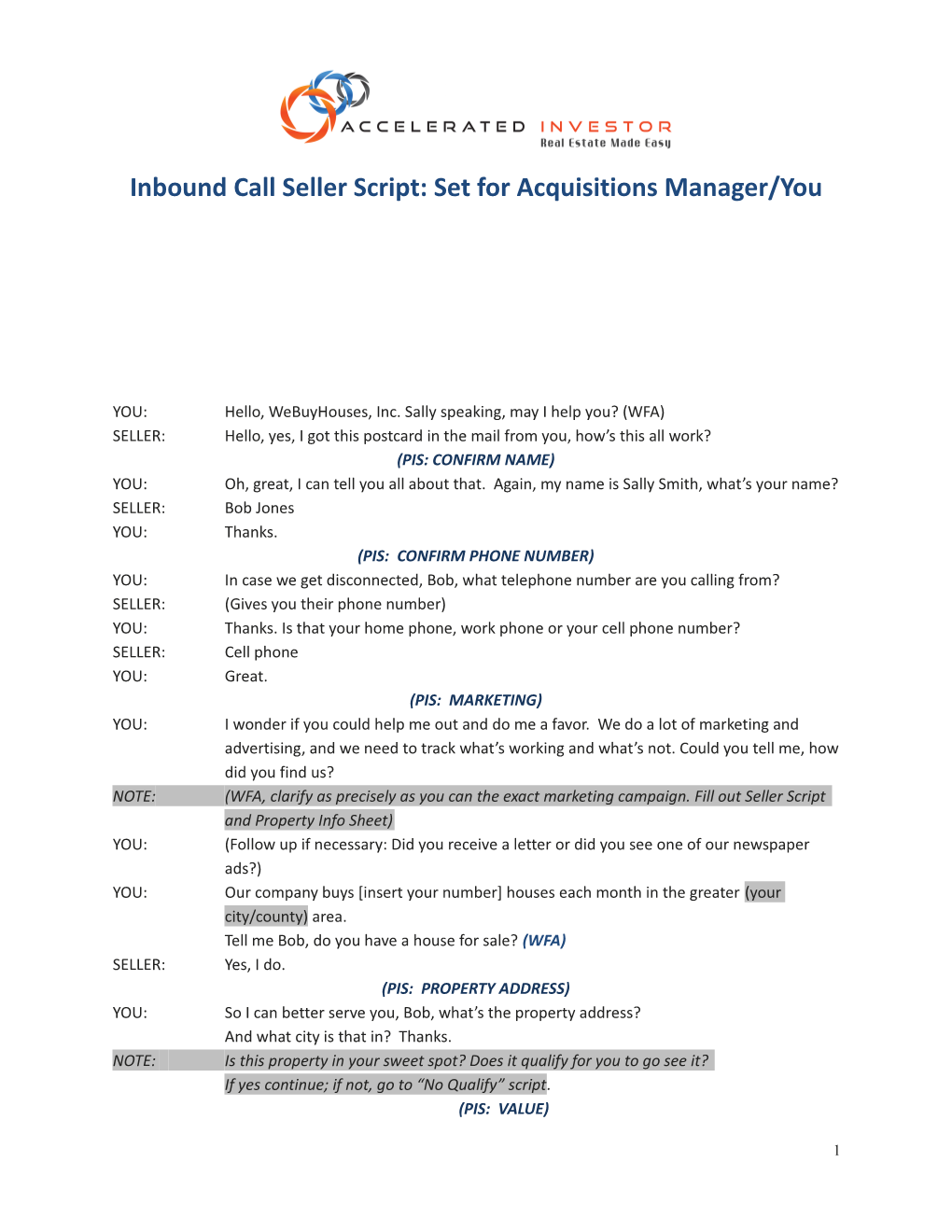 Inbound Call Seller Script: Set for Acquisitions Manager/You
