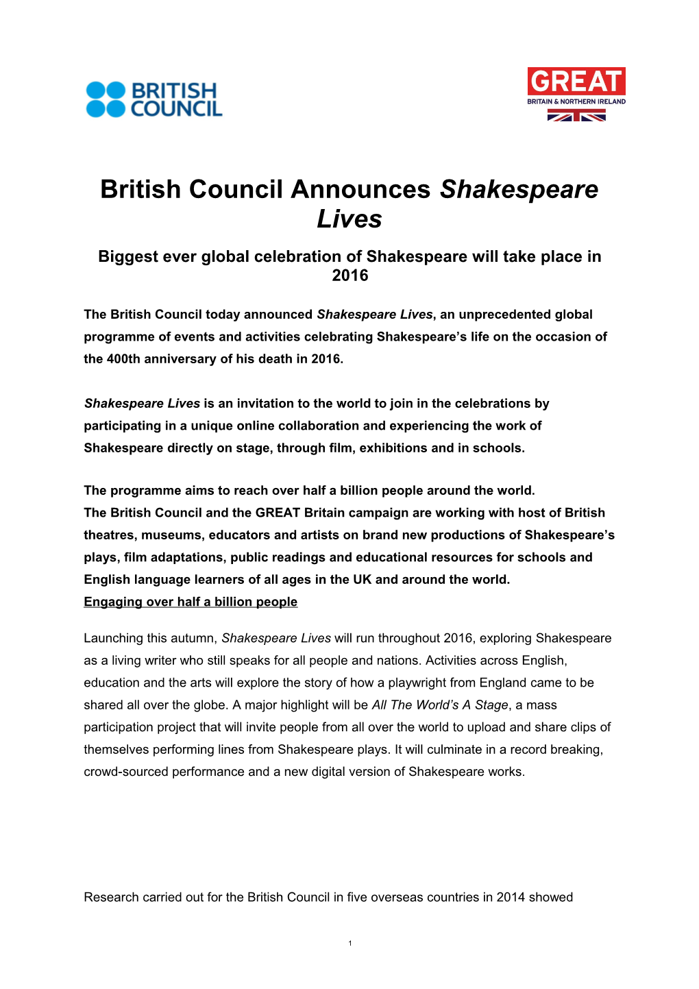 Biggest Everglobalcelebration of Shakespearewill Take Place in 2016