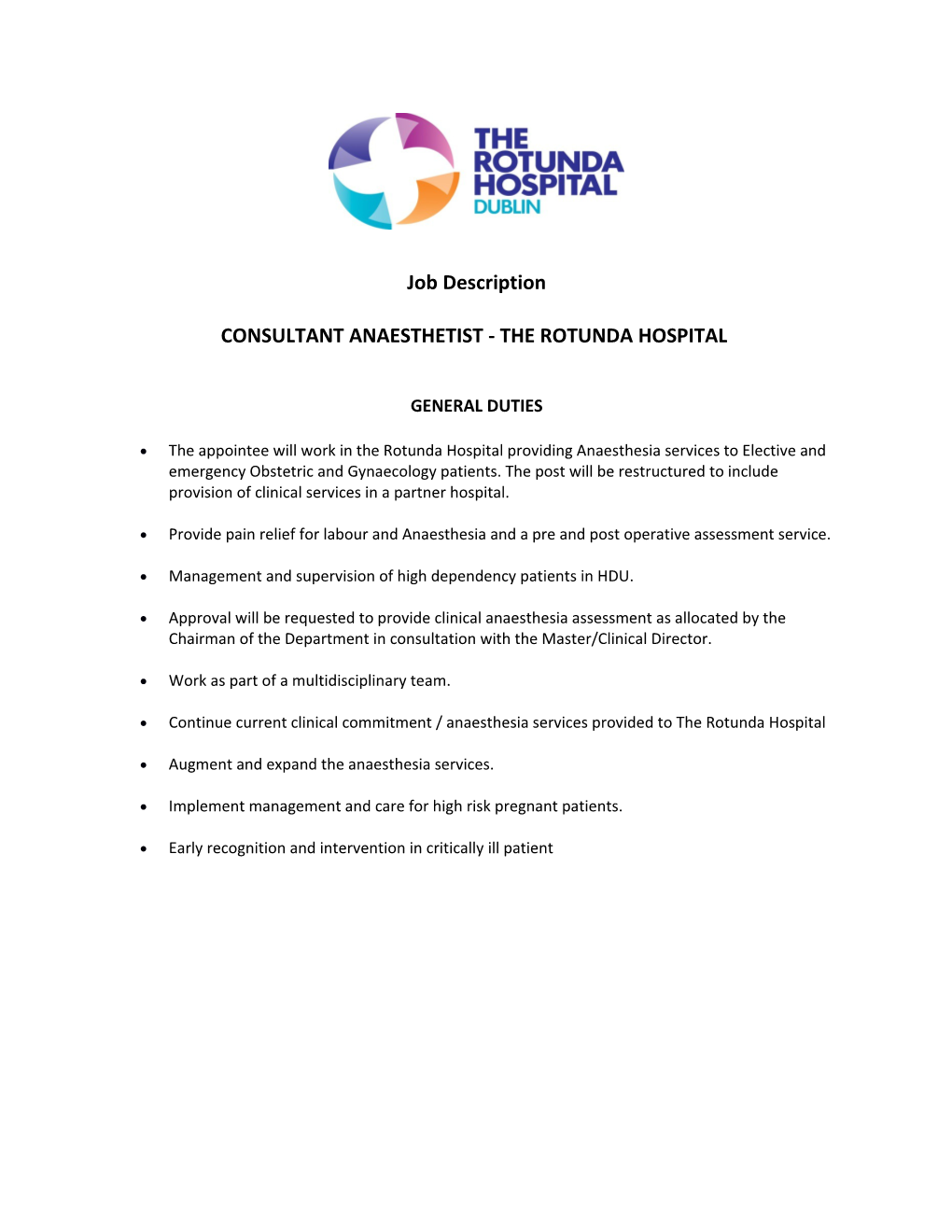 Consultant Anaesthetist - the Rotunda Hospital