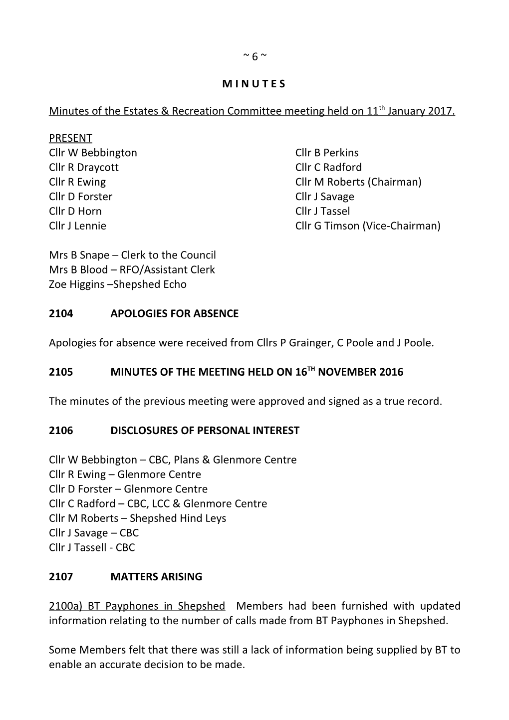 Minutes of the Estates & Recreation Committee Meeting Held on 11Th January 2017