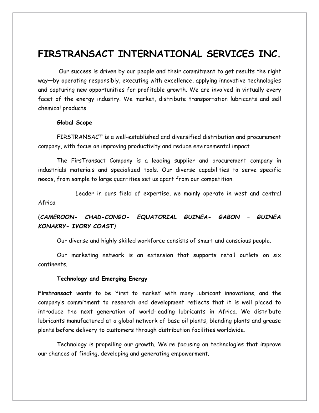 Firstransact International Services Inc