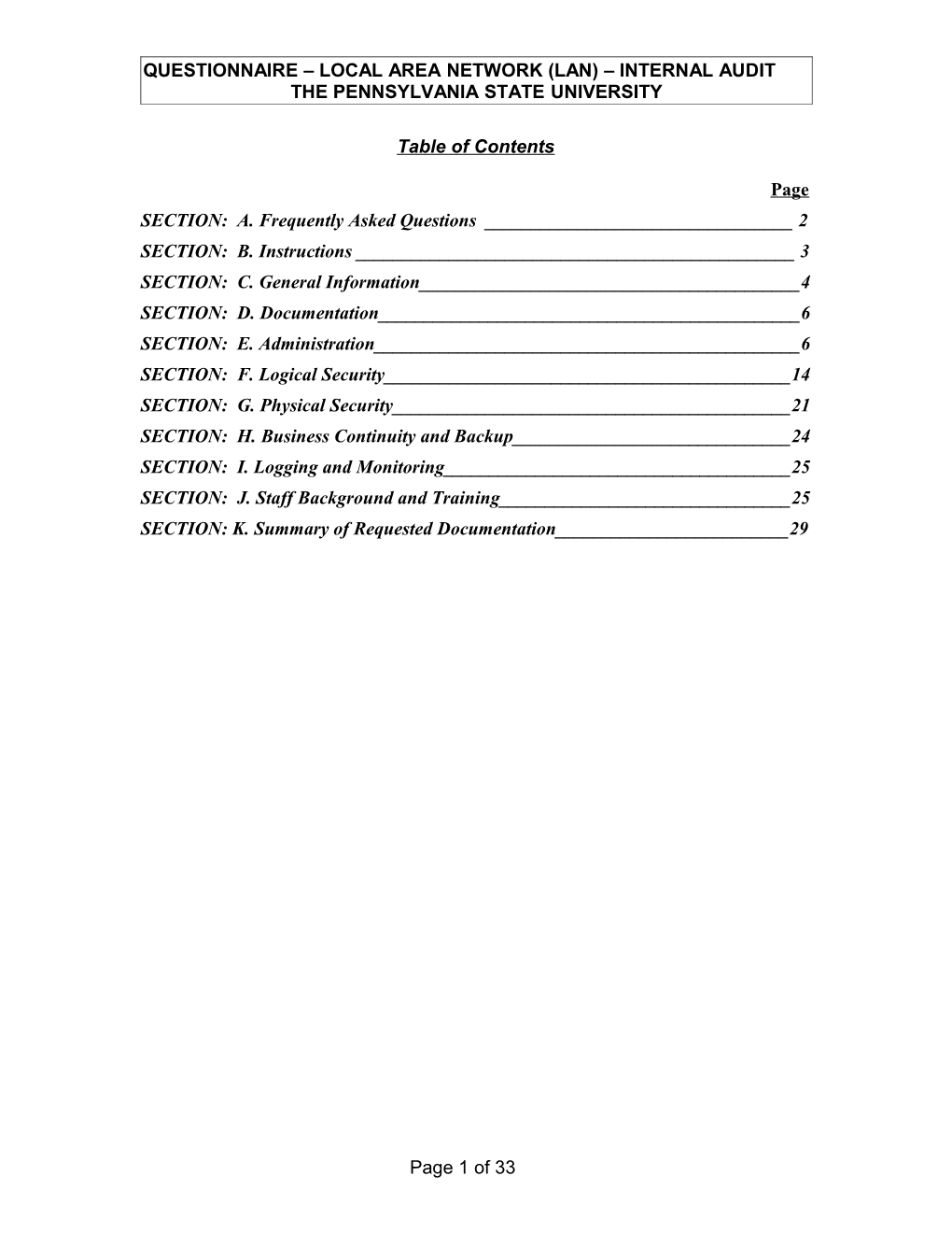 Questionnaire Local Area Network (Lan) Internal Audit