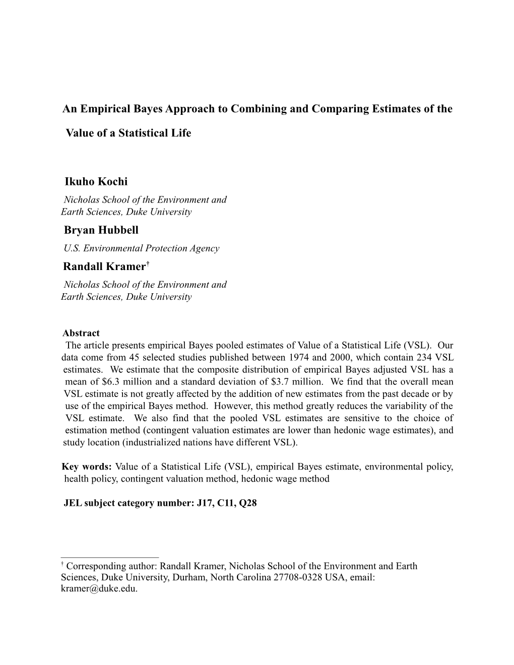 An Empirical Bayes Approach to Combining Estimates of the Value of a Statistical Life For