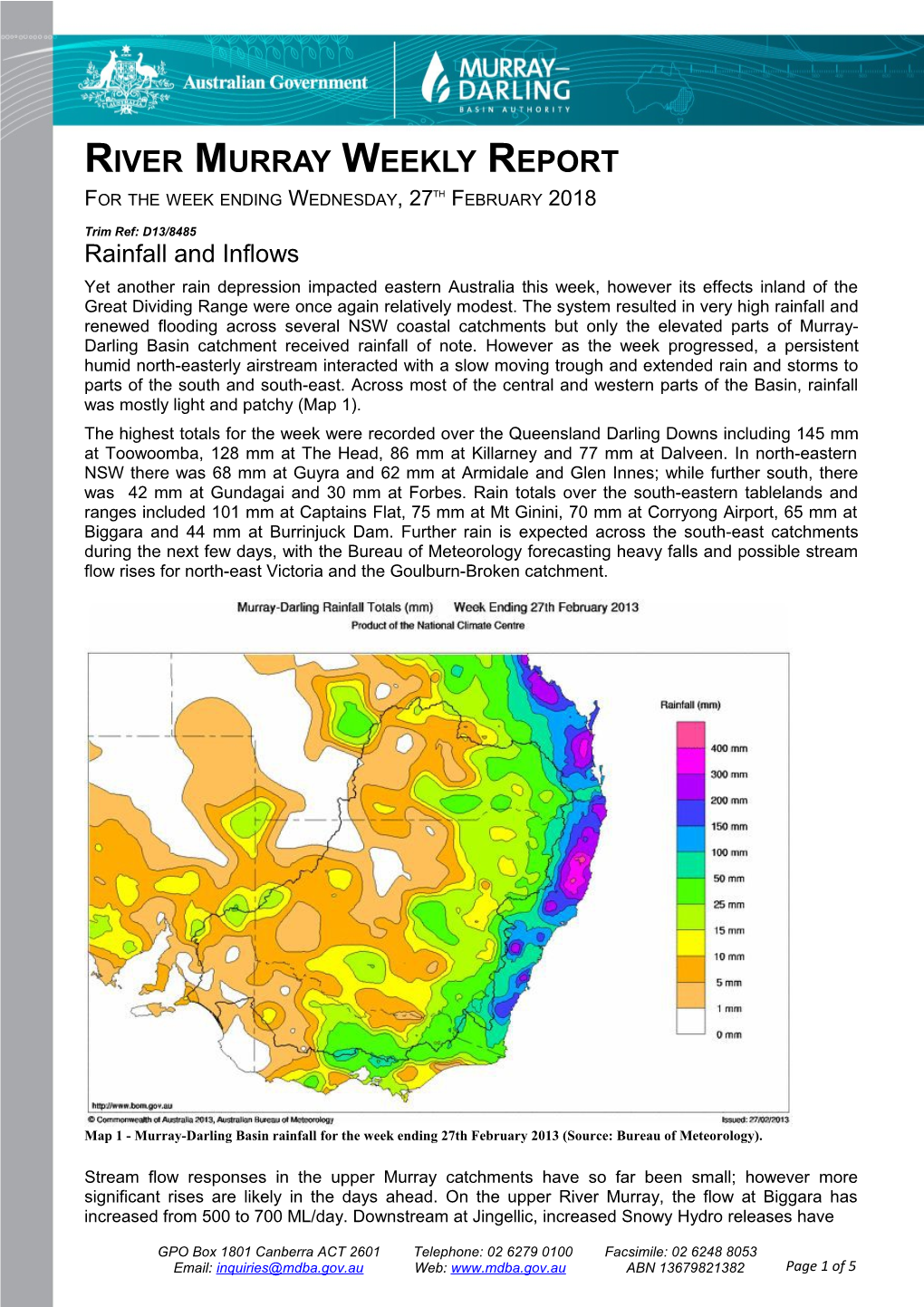 River Murray Operations Weekly Report 27Th February 2013