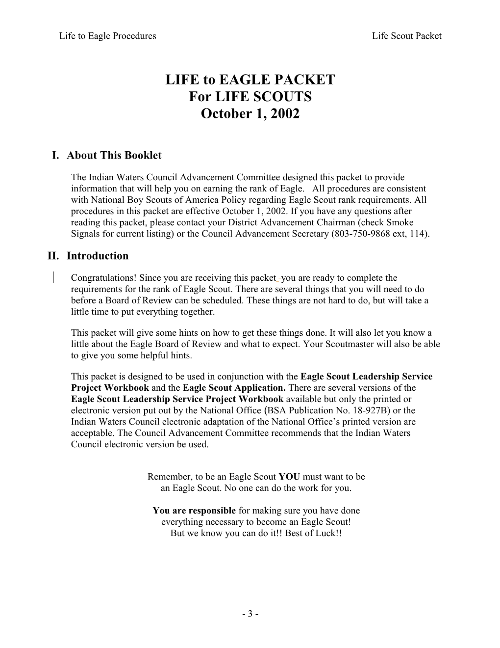 Life to Eagle Procedures, Life Scout Packet