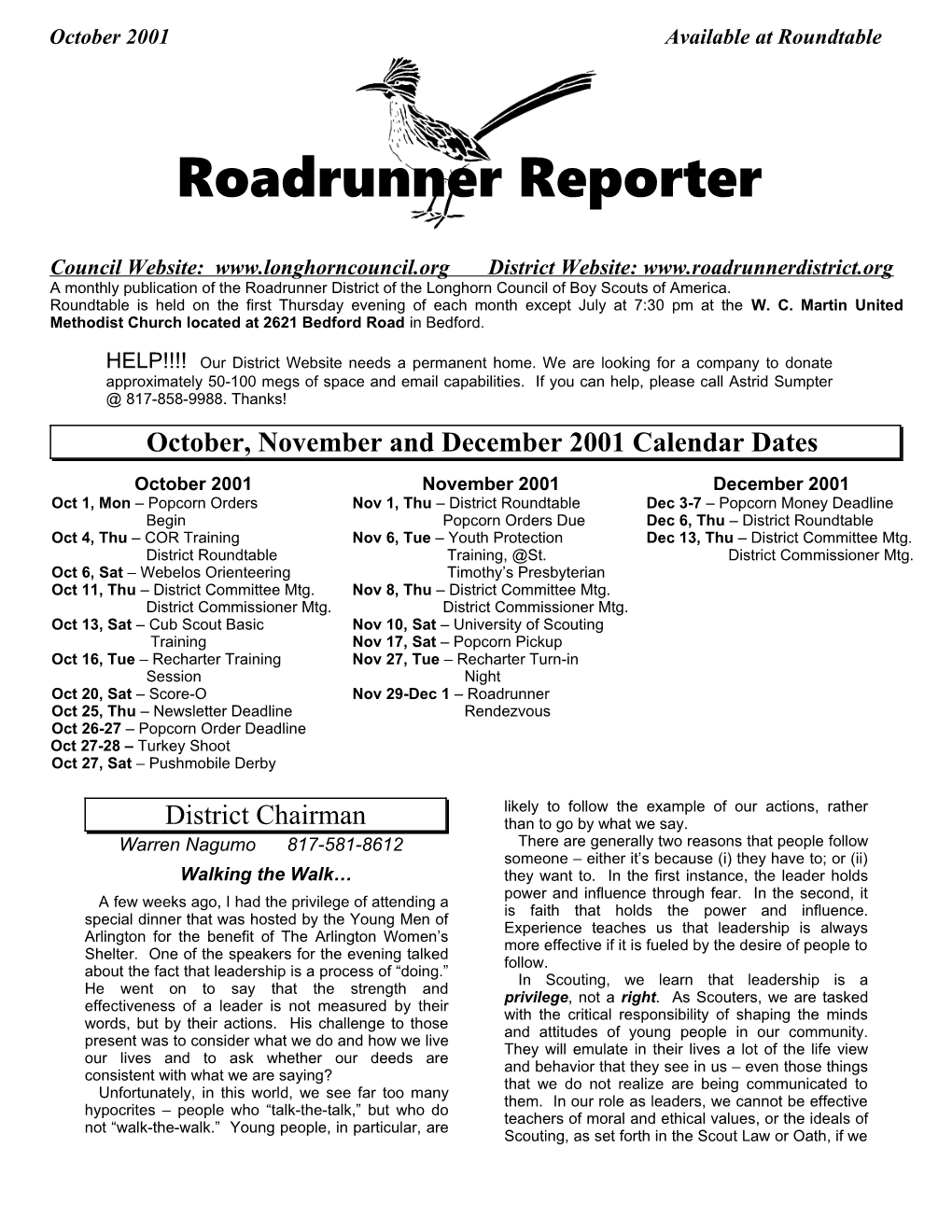 Roadrunner District Newsletter - 10/2001