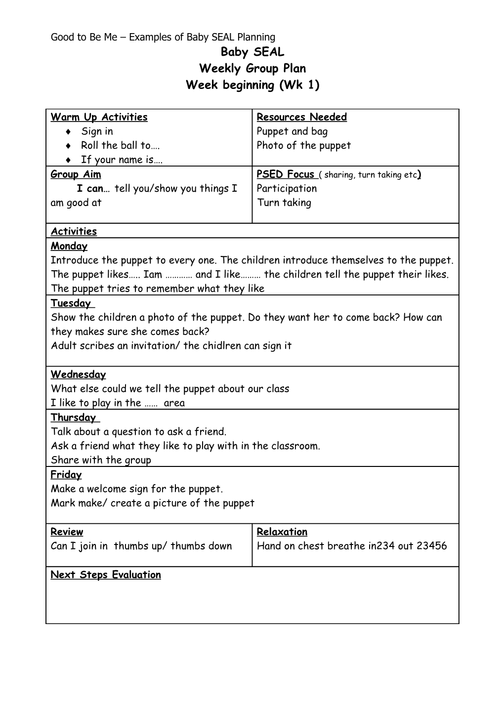 Good to Be Me Examples of Baby SEAL Planning