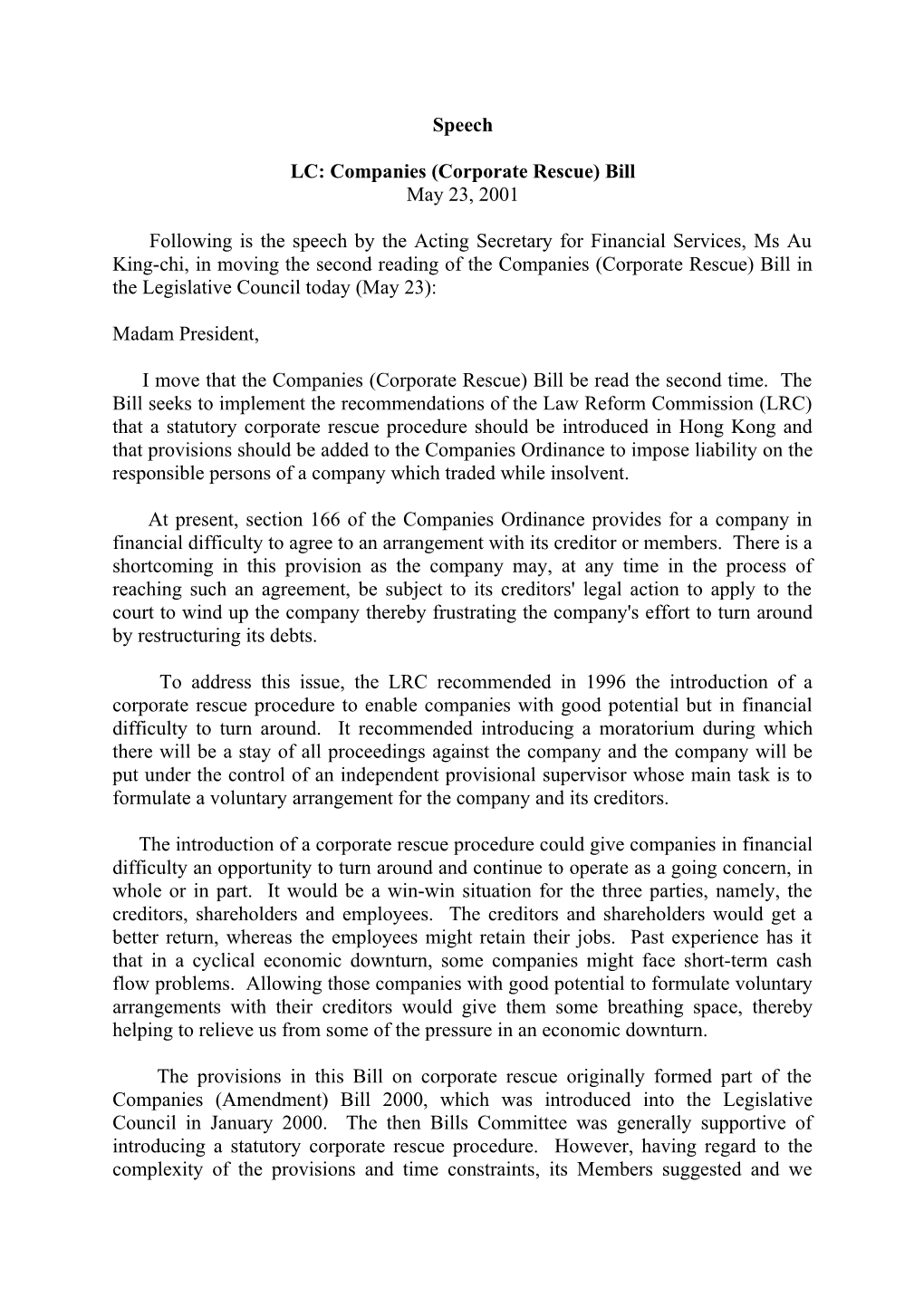 LC: Companies (Corporate Rescue) Bill (23.5.2001)