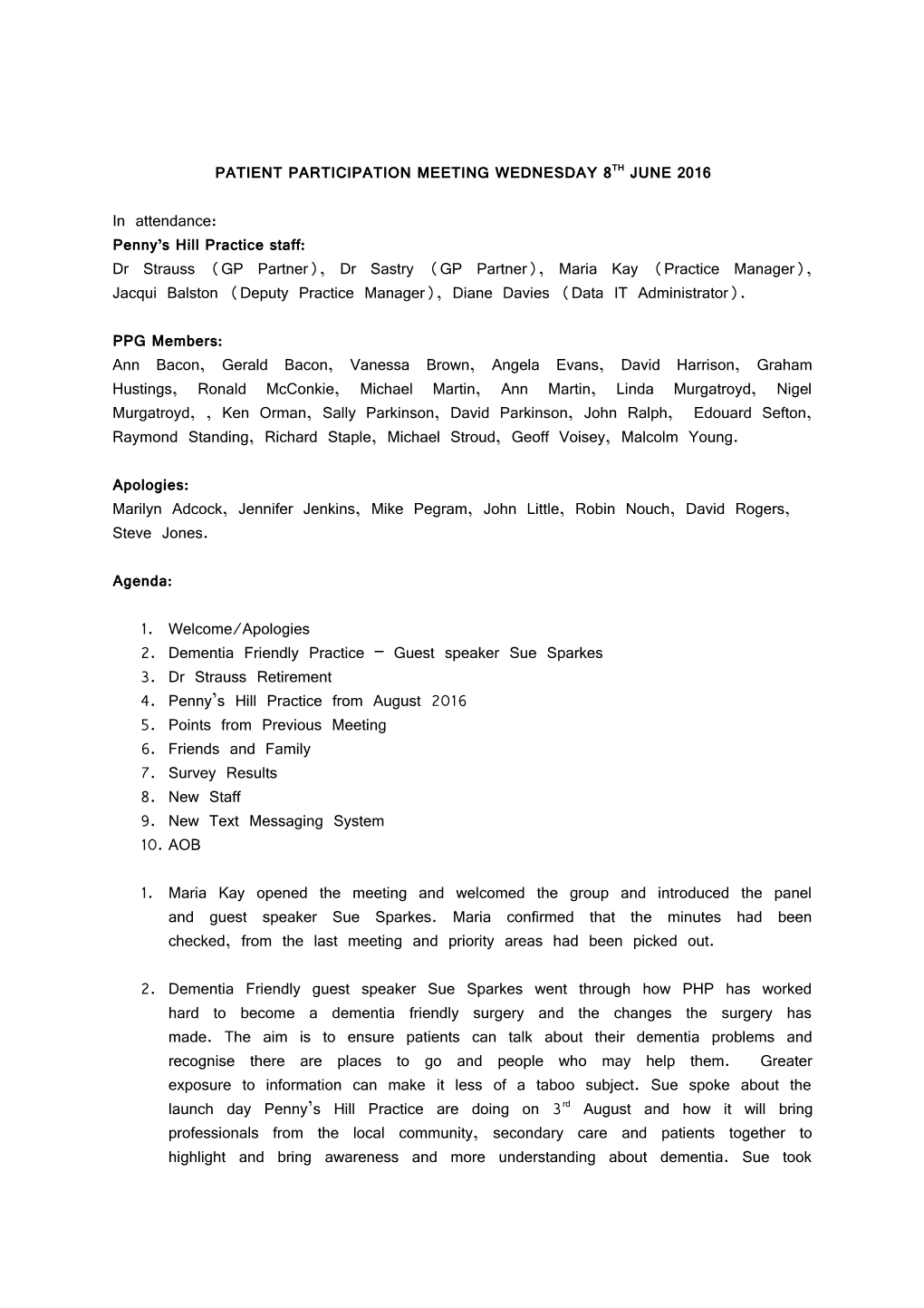 Patient Participation Meeting Wednesday 8Th June2016