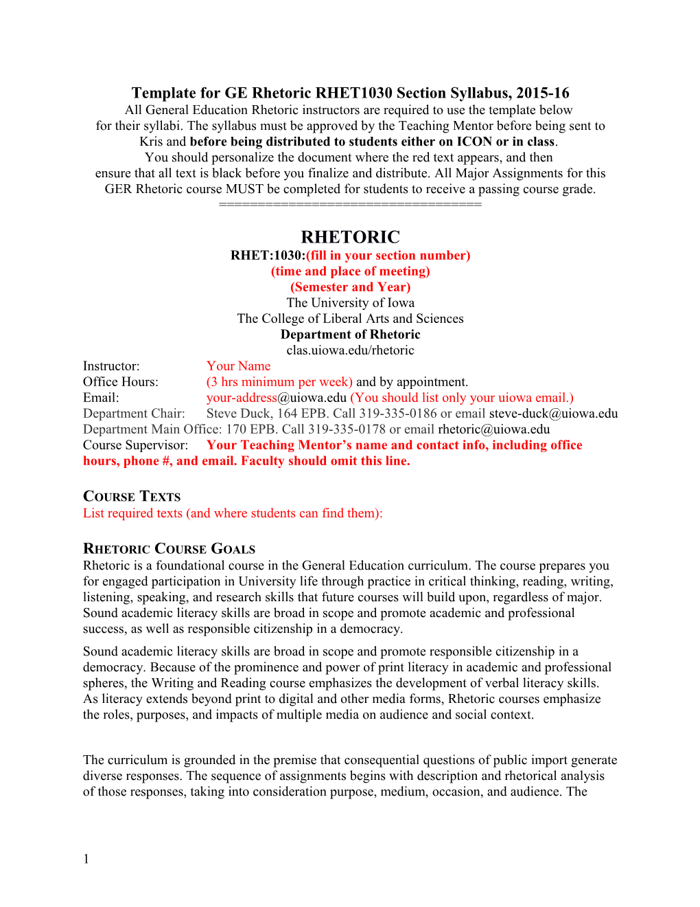 Template for GE Rhetoric RHET1030 Section Syllabus, 2015-16