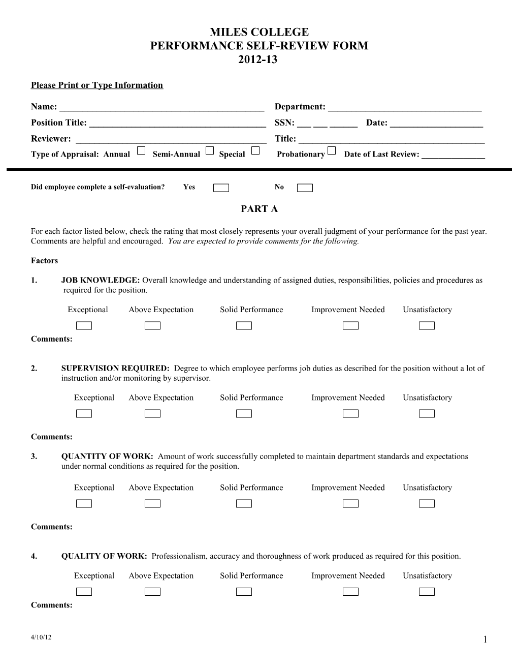 Performance Self-Review Form